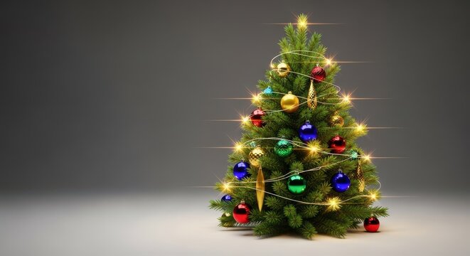 Brightly decorated holiday evergreen tree sparkling under soft lights, ready to celebrate the winter season and welcome the upcoming year, tree, bright, star