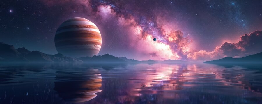 Huge striped planet hangs over alien sea. Colorful nebula with stars, another small planet fills dark sky. Still water surface perfectly mirrors celestial space scene, distant misty mountains,