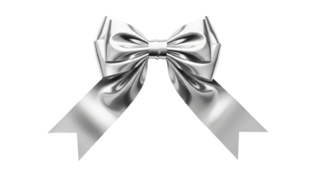 Shiny silver bow on transparent background. Elegant 3d render gift ribbon for holiday present decoration. Luxury element for special occasion design.
