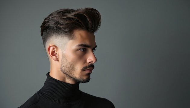 Profile of handsome man with modern stylish haircut. Young brunette model trendy fade hairstyle from barbershop. Male with beard, perfect hair poses for salon. Grooming, coiffure, male beauty concept