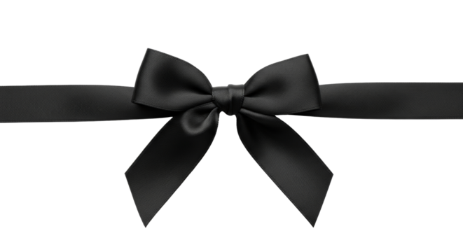 Black satin gift ribbon bow with horizontal stripe for decoration, celebration, and luxury design on transparent background.