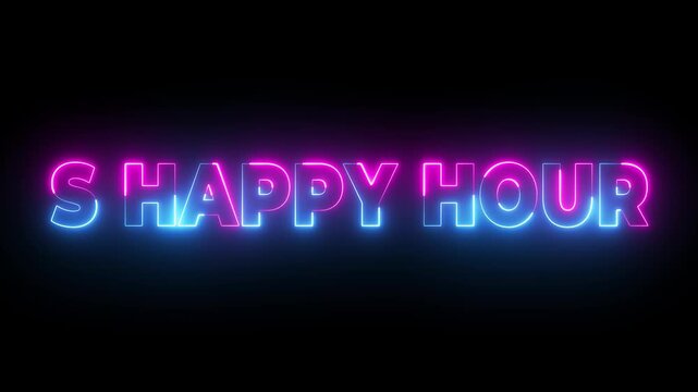 Bright neon sign promotes happy hour in a lively urban setting, showcasing the energy and excitement of the nightlife.