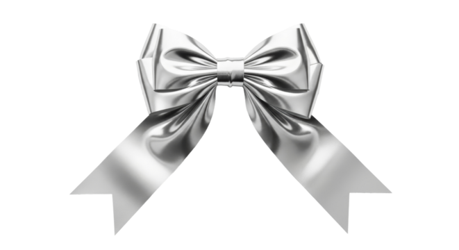 Shiny silver bow on transparent background. Elegant 3d render gift ribbon for holiday present decoration. Luxury element for special occasion design.