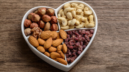 "Assorted Nuts in a Heart-Shaped Bowl &ndash; Healthy Snack Concept"