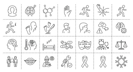Obraz premium Collection of health and mental health icons representing various aspects of wellbeing and medical conditions