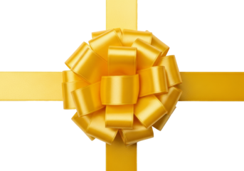 Yellow gift bow with ribbon on transparent background. Decorative wrapping for present, holiday celebration, birthday, Christmas, or anniversary.