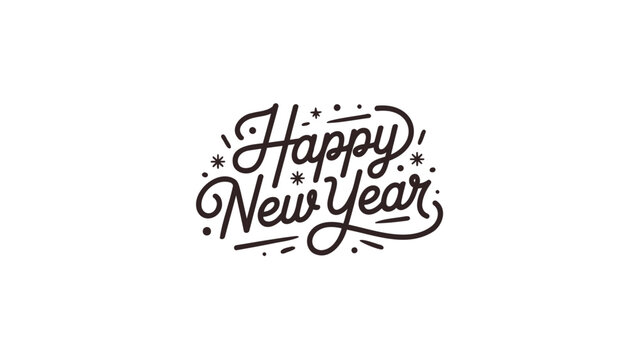 Elegant hand drawn typography design celebrating happy new year with confetti and sparkles on white background