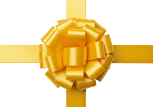 Yellow gift bow with ribbon on transparent background. Decorative wrapping for present, holiday celebration, birthday, Christmas, or anniversary.