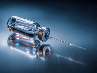 Transparent glass vial with a hypodermic needle resting on a reflective metallic surface in a clinical setting with dramatic lighting effects