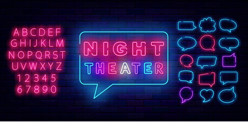 Night theater neon sign on brick wall. Stage performance. Movie concert. Shiny pink alphabet. Speech bubbles frames set. Luminous advertising. Glowing banner. Vector stock illustration