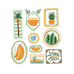 Tropic fruits vector isolated badges with banana orange pineapple palm leaf summer illustrations