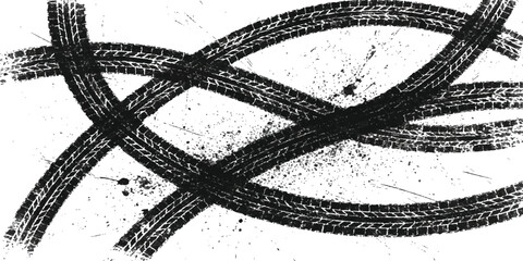 Grungy black tire marks crossing with dirt splatters on white isolated on white background