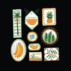 Tropic fruits vector isolated badges with banana orange pineapple palm leaf summer illustrations