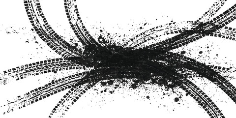 Textured tire tracks with mud splatter grunge design element. isolated on white background