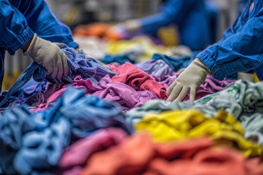 Workers wearing protective gloves sorting and handling a large pile of colorful textiles in a vibrant fabric processing or recycling facility environment