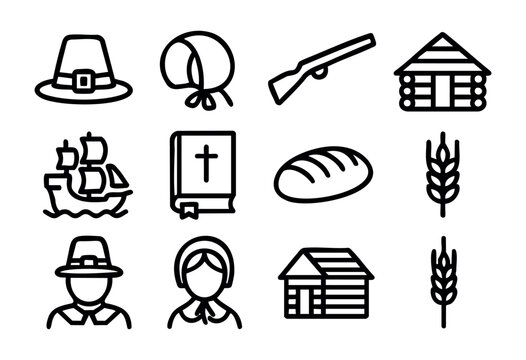 Line icons of Pilgrims and the first Thanksgiving &mdash; pilgrim hat, Mayflower ship, and log cabin &mdash; stock vector.