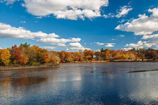 Colorful autumn scene along Saugatuck River in Westport, Connecticut