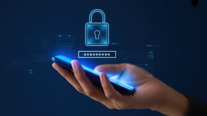 A person hand holding a smartphone with glowing digital security padlock