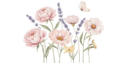 Gentle watercolor floral arrangement with butterfly and blooms