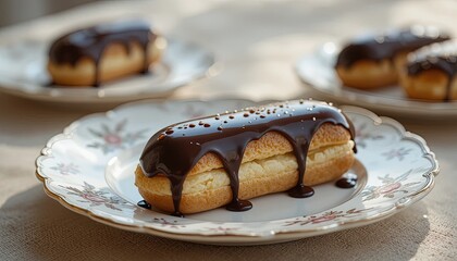 Decadent chocolate eclair on a vintage floral plate