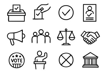 Voting and Election line icons — political process, democracy, and civil rights symbols — stock vector.