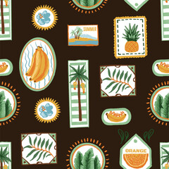 Seamless tropic fruits vector pattern with summer labels, palm trees and decorative frames