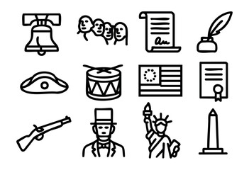 American History line icons — Revolutionary War and founding fathers symbols — stock vector.