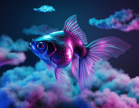 A vivid digital artwork featuring a glowing, iridescent fish with pink and blue hues swimming through a dreamy, cloud-filled sky, with pastel clouds and a gradient twilight sky in the background. - Powered by Adobe