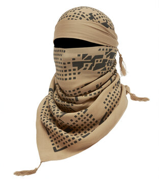 Tan keffiyeh scarf with black pixelated pattern and tassels beige brown halftone.