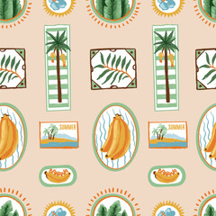 Seamless tropic fruits vector pattern with summer labels, palm trees and decorative frames