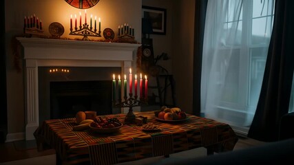 Kwanzaa Kinara with lit red, green, black candles on a traditional table spread, creating a warm, festive atmosphere in a cozy home with billowing curtains. Perfect for holiday celebrations, - Powered by Adobe