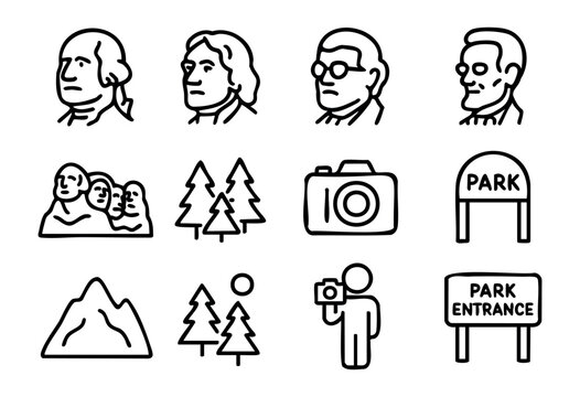 US Presidents & National Parks line icons &mdash; Mount Rushmore, historical figures, and nature travel symbols &mdash; stock vector.