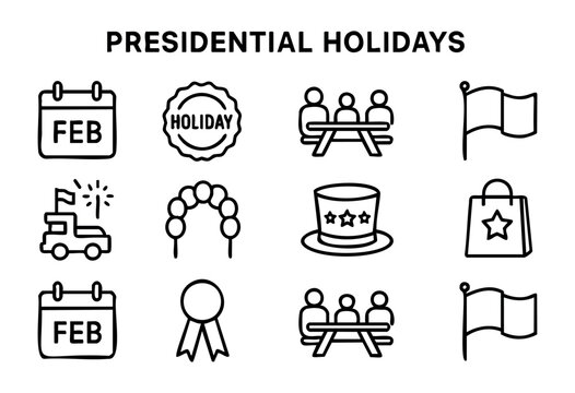 Presidential Holidays line icons — Presidents' Day celebration, parade, and patriotic event symbols — stock vector.