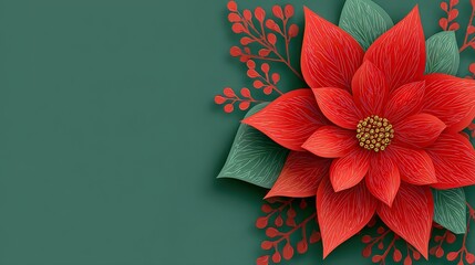 Obraz premium Poinsettia on green background, also known as Christmas flower, Christmas flower decoration, red and green foliage. Copy space