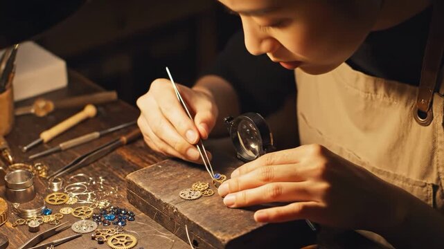 Watchmaker meticulously assembling intricate watch parts with tools and loupe