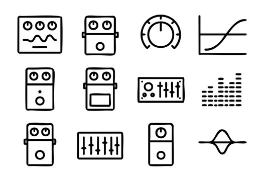 Guitar Effects Pedals doodle icons — stompbox, audio processing, and sound manipulation units — stock vector.