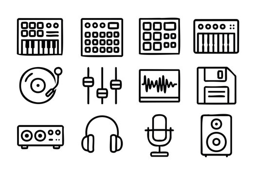 Electronic Music & DJ doodle icons &mdash; synthesizer, drum machine, and music production hardware &mdash; stock vector.