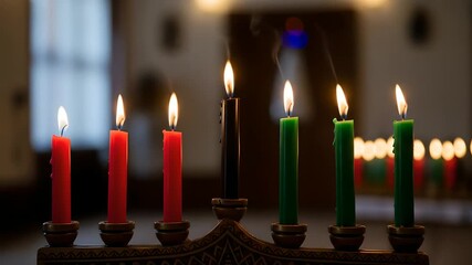 Kwanzaa kinara with seven red, black, and green candles flickering, symbolizing unity, culture, and heritage. Ideal for holiday greetings, educational content, cultural documentaries,