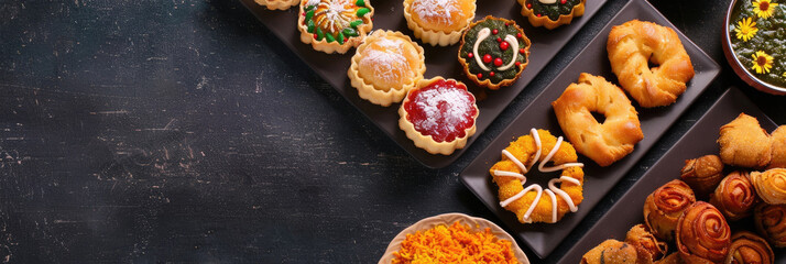 Indian Independence Day celebration horizontal banner showcasing mithai like halwa, sandesh and mysore pak. copy space, free space for text