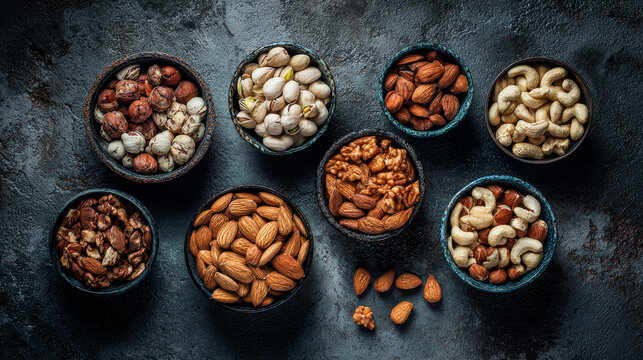 "Top View of Bowls with Assorted Nuts on Concrete Table Background"