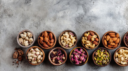 "Top View of Bowls with Assorted Nuts on Concrete Table Background"