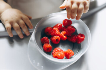 Baby eagerly reaches for bright, fresh raspberries in a bowl, showcasing curiosity and delight. The image captures a simple moment of exploration and sensory experience.