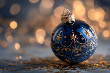Festive dark blue holiday ornament adorned with glittering gold stars and intricate patterns against a softly glowing background of warm light spots and reflections
