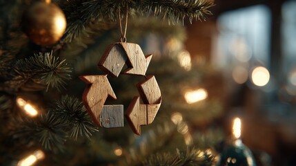 Wooden recycling symbol ornament hanging on a festive Christmas tree, symbolizing sustainable holiday celebrations and eco-friendly traditions.