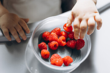 Children's hands take fresh raspberries from a bowl, a delicious and healthy meal. Close-up of the hands. © Наталья Майшева