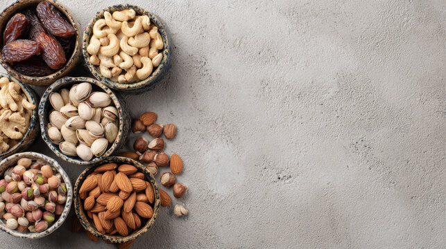 "Top View of Bowls with Assorted Nuts on Concrete Table Background" - Powered by Adobe