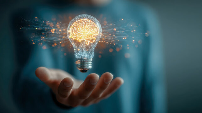 Innovative concept showing a glowing light bulb with a digital brain inside floating above an open hand, symbolizing creativity and smart ideas in technology and sci