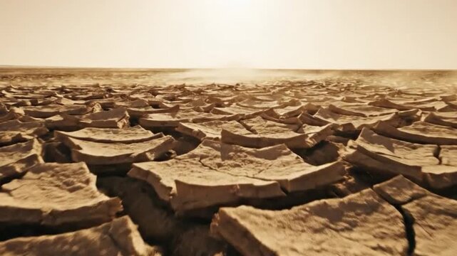 Dry cracked earth landscape under a bright sun, showcasing drought effects on the environment
