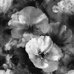 Black and White Floral Art with Ghost White Petals and Platinum Gray Tones, Enhanced for Adobe Photoshop Creations, Evoking a Serene and Sophisticated Digital Aesthetic with Charcoal Gray Shadows.