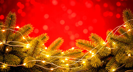 Festive Christmas background with illuminated pine branches and a vibrant red bokeh light effect.